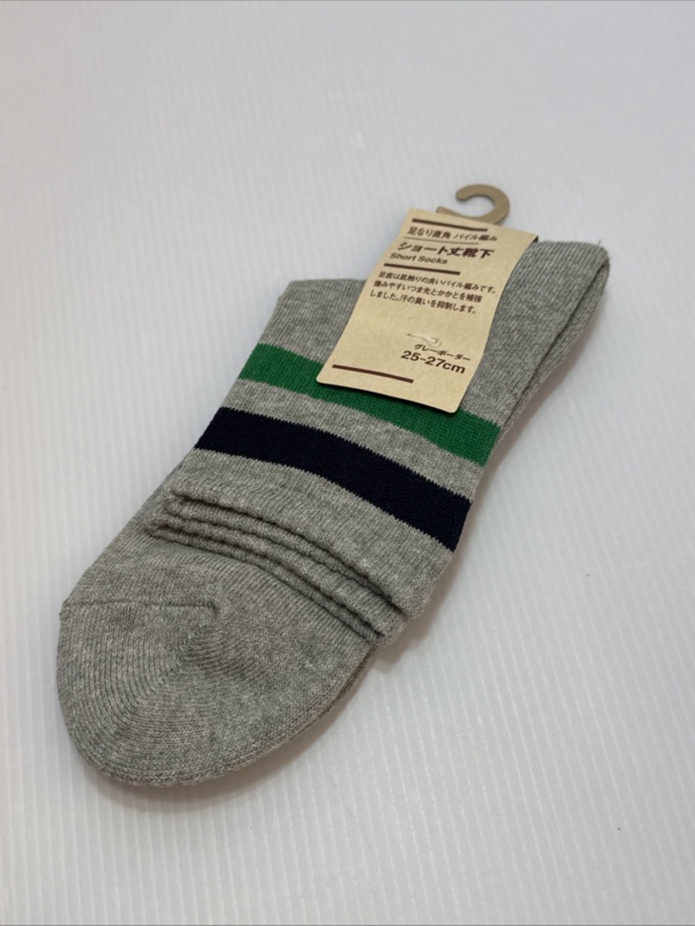 Muji x Lawson Gray Short Socks with Green & Navy Stripes